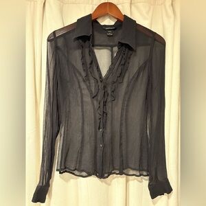 Moda International 100% Silk Blouse Black Sheer Blouse with Ruffles